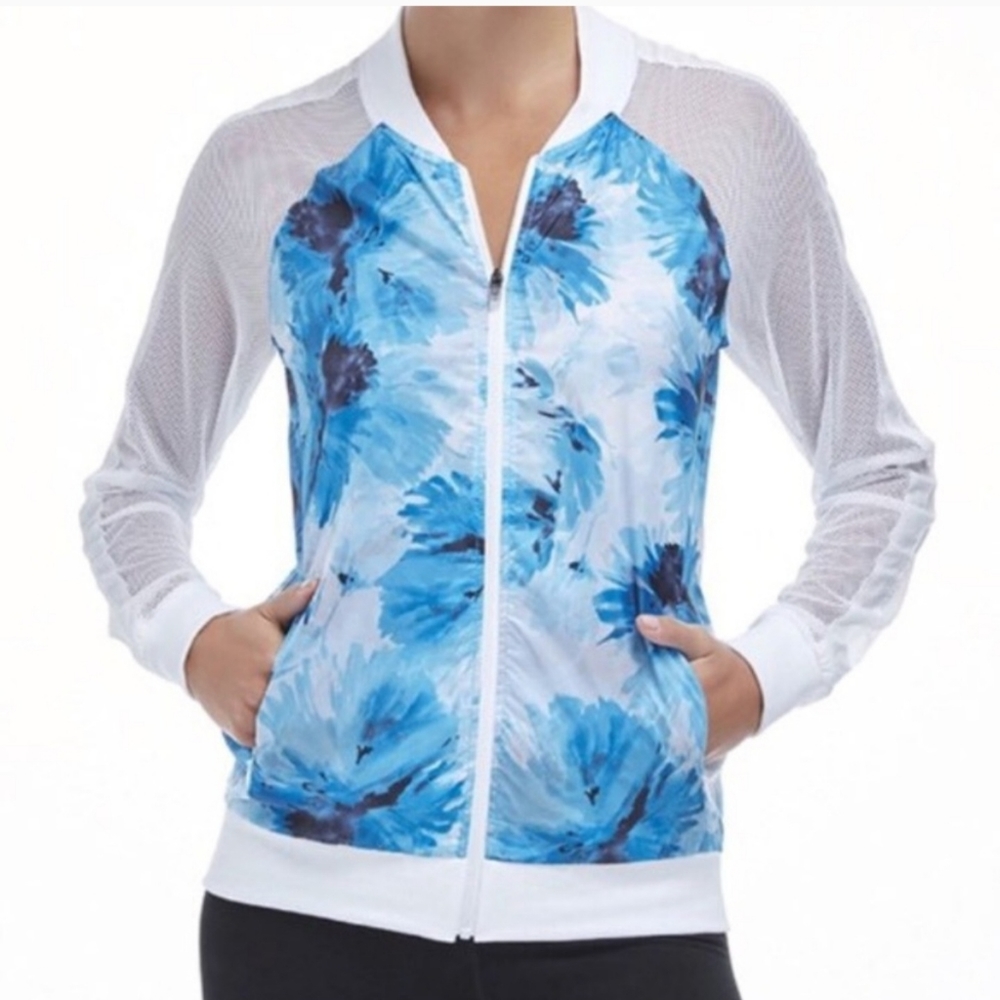 Fabletics Sporty Windbreaker Jacket, Blue and White Size L